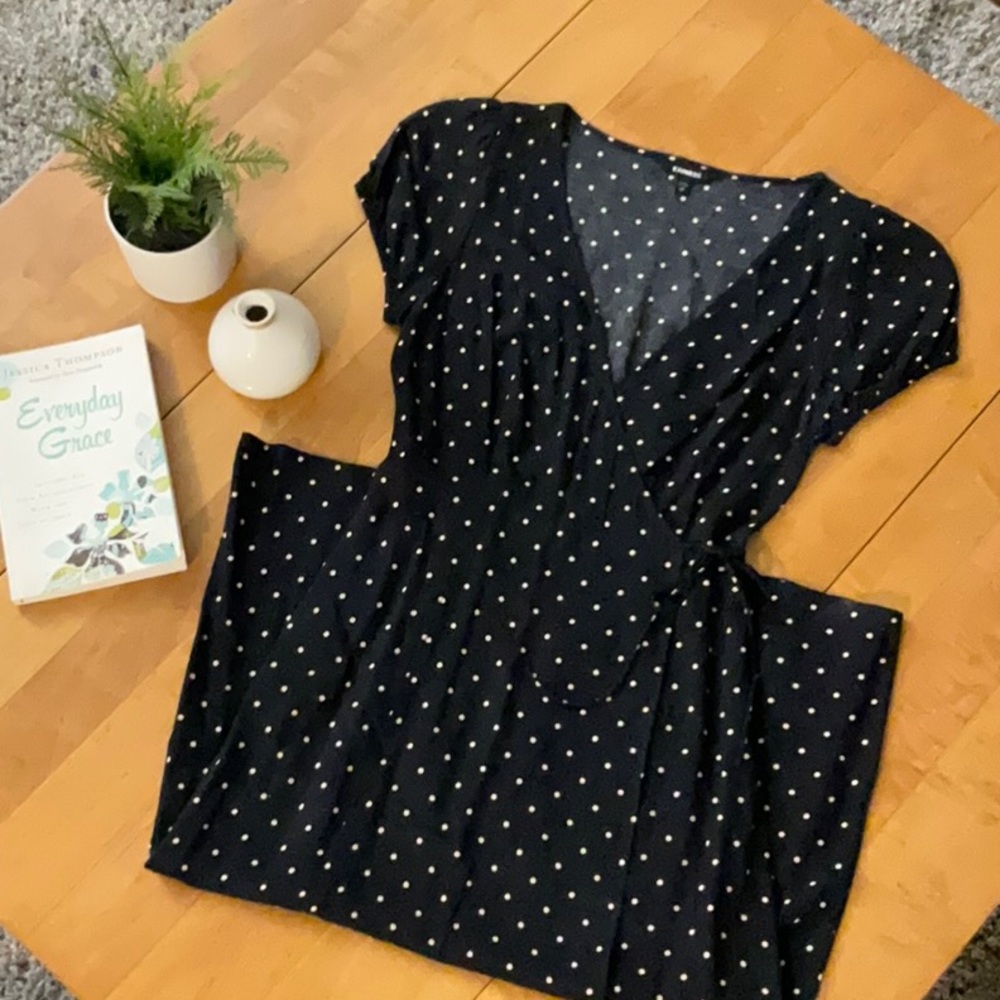 Express XS navy blue midi dress with polka-dots